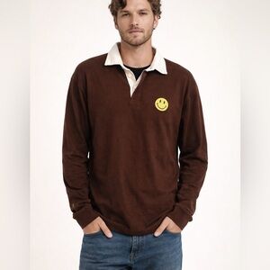 China town market Brown Long‎ Sleeve Polo Shirt with Smiley Patch